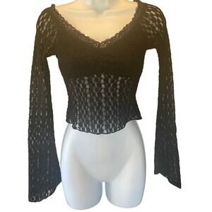 Womens Y2K Black Babydoll Sheer Mesh Floral Lace Crop Top Small‎ Coquette Goth
